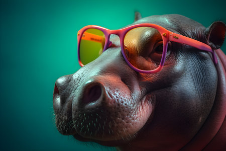 Funny hippopotamus wearing sunglasses in studio with a colorful and bright background. Created with generative AIの素材