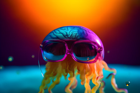 Funny jellyfish wearing sunglasses in studio with a colorful and bright background. Created with generative AIの素材