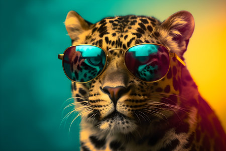 Funny leopard wearing sunglasses in studio with a colorful and bright background. Created with generative AIの素材