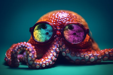 Funny octopus wearing sunglasses in studio with a colorful and bright background. Created with generative AIの素材