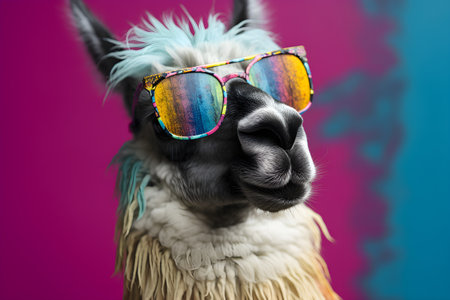Funny llama wearing sunglasses in studio with a colorful and bright background. Created with generative AIの素材