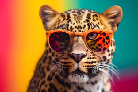 Funny leopard wearing sunglasses in studio with a colorful and bright background. Created with generative AIの素材