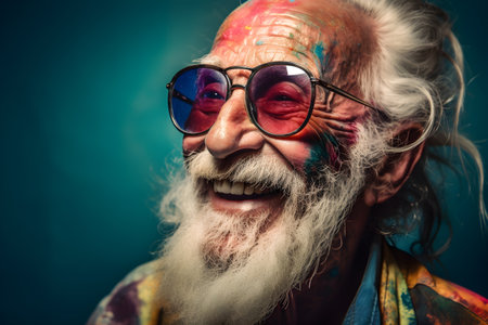 Funny old man wearing sunglasses in studio and laughing - colorful. Created with generative AIの素材