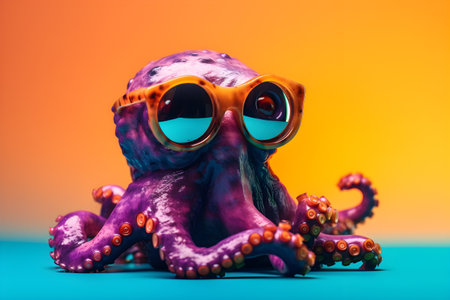 Funny octopus wearing sunglasses in studio with a colorful and bright background. Created with generative AIの素材