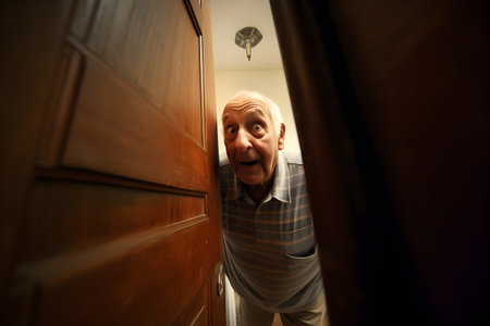 Funny old man peaking suspiciously from behind the door of his appartment. Created with generative AIの素材