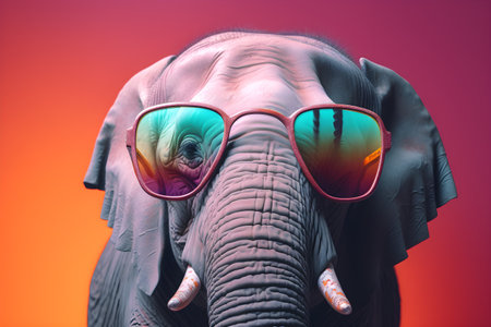 Funny elephant wearing sunglasses in studio with a colorful and bright background. Created with generative AIの素材