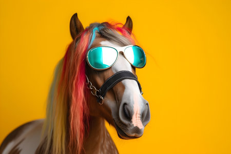 Funny horse wearing sunglasses in studio with a colorful and bright background. Created with generative AIの素材