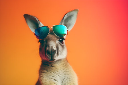 Funny kangaroowearing sunglasses in studio with a colorful and bright background. Created with generative AIの素材