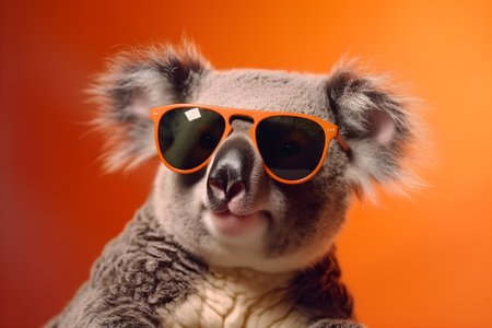 Funny koala wearing sunglasses in studio with a colorful and bright background. Created with generative AIの素材