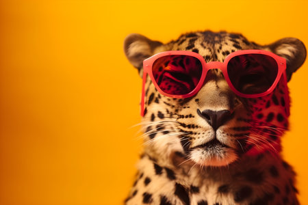 Funny leopard wearing sunglasses in studio with a colorful and bright background. Created with generative AIの素材