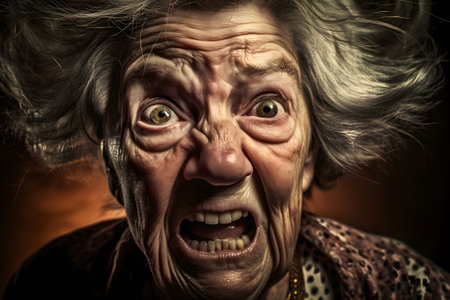 An old woman who is extremely angry and furious. Created with generative AIの素材
