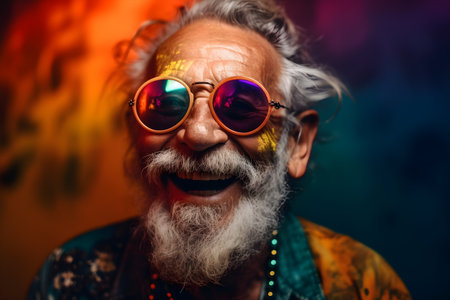Funny old man wearing sunglasses in studio and laughing - colorful. Created with generative AIの素材