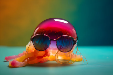 Funny jellyfish wearing sunglasses in studio with a colorful and bright background. Created with generative AIの素材