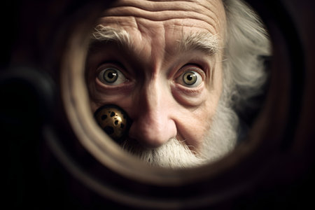 Funny old man looking suspiciously from behind a giant keyhole of a closed door. Created with generative AIの素材