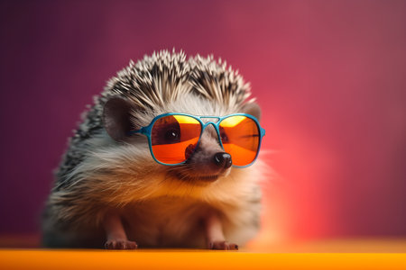 Funny hedgehog wearing sunglasses in studio with a colorful and bright background. Created with generative AIの素材