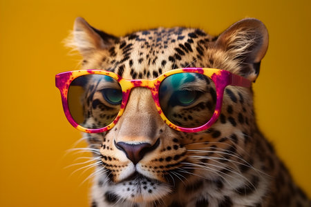 Funny leopard wearing sunglasses in studio with a colorful and bright background. Created with generative AIの素材