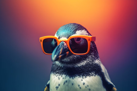 Funny penguin wearing sunglasses in studio with a colorful and bright background. Created with generative AIの素材