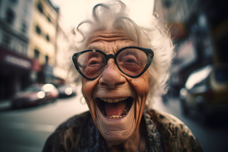 Funny old woman who is extremely happy, laughing. Created with generative AIの素材