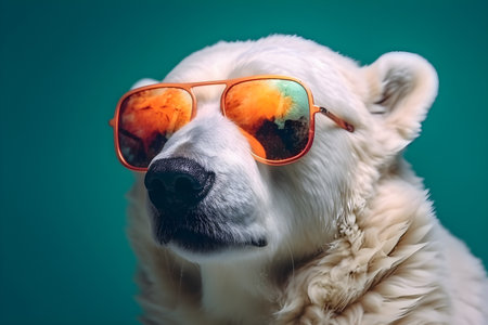Funny polar bear wearing sunglasses in studio with a colorful and bright background. Created with generative AIの素材