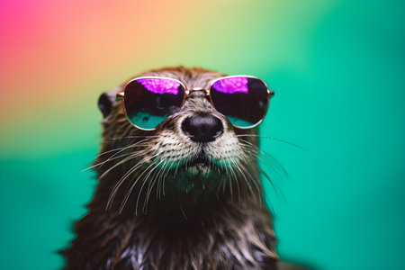 Funny otter wearing sunglasses in studio with a colorful and bright background. Created with generative AIの素材
