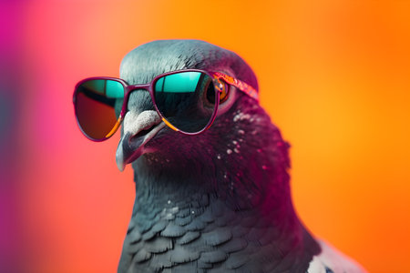 Funny pigeon wearing sunglasses in studio with a colorful and bright background. Created with generative AIの素材