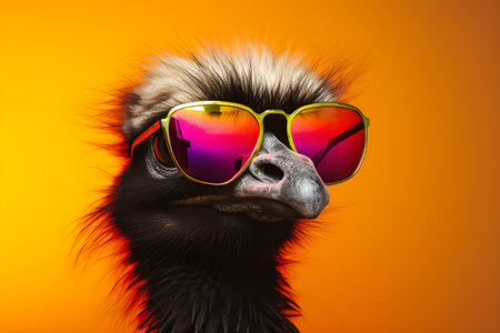 Funny ostrich wearing sunglasses in studio with a colorful and bright background. Created with generative AIの素材