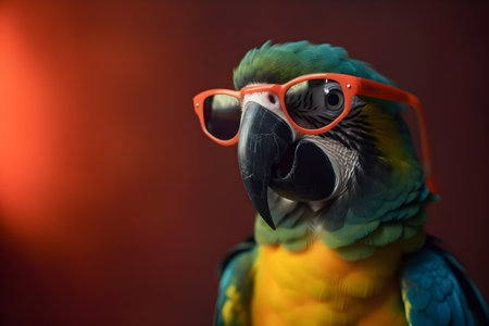 Funny colorful parrot wearing sunglasses in studio with a colorful and bright background. Created with generative AIの素材