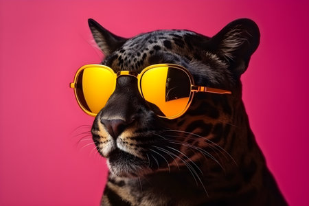 Funny panther wearing sunglasses in studio with a colorful and bright background. Created with generative AIの素材