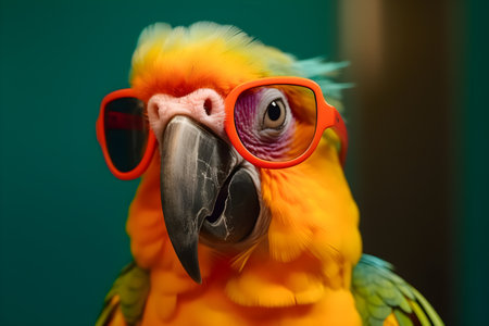 Funny colorful parrot wearing sunglasses in studio with a colorful and bright background. Created with generative AIの素材