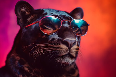 Funny panther wearing sunglasses in studio with a colorful and bright background. Created with generative AIの素材