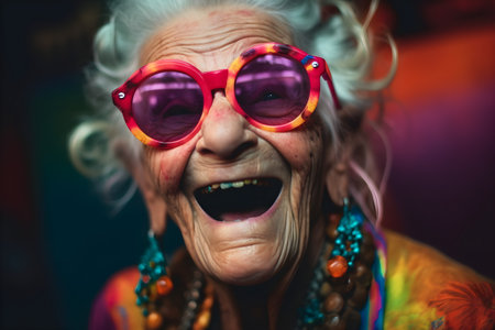 Funny old woman wearing sunglasses in studio and laughing - colorful. Created with generative AIの素材
