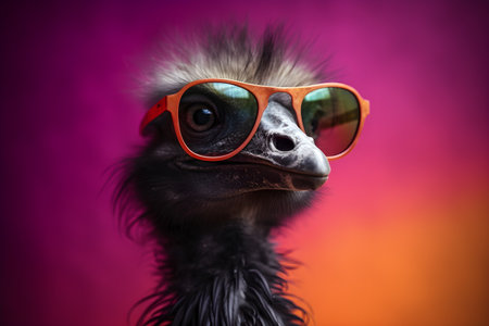 Funny ostrich wearing sunglasses in studio with a colorful and bright background. Created with generative AIの素材