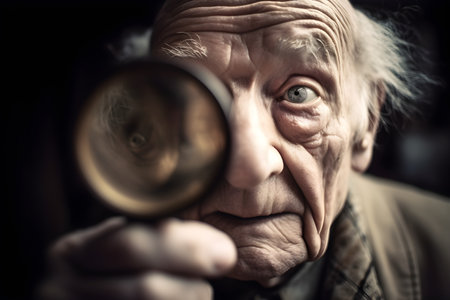 Funny old man looking though a magnifying glass. Created with generative AIの素材