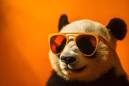 Funny panda wearing sunglasses in studio with a colorful and bright background. Created with generative AIの素材