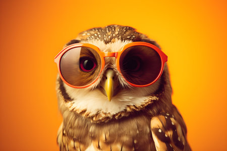 Funny owl wearing sunglasses in studio with a colorful and bright background. Created with generative AIの素材