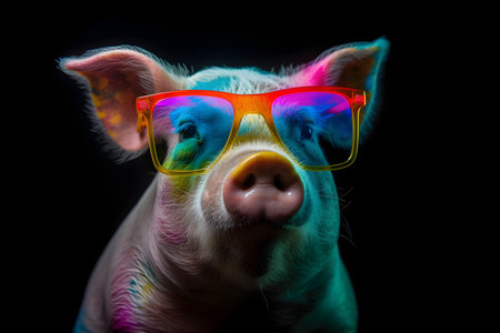 Funny pig wearing sunglasses in studio with a colorful and bright background. Created with generative AIの素材