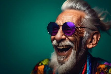 Funny old man wearing sunglasses in studio and laughing - colorful. Created with generative AIの素材