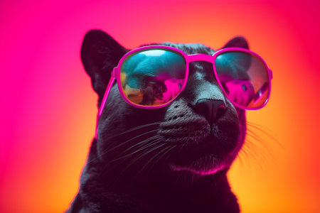 Funny panther wearing sunglasses in studio with a colorful and bright background. Created with generative AIの素材