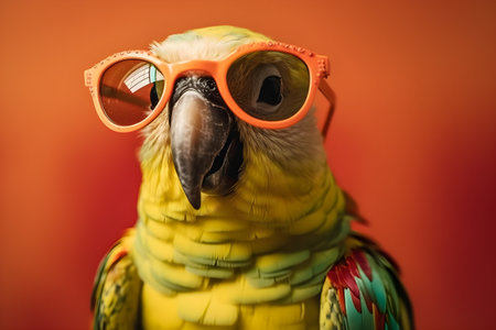 Funny colorful parrot wearing sunglasses in studio with a colorful and bright background. Created with generative AIの素材