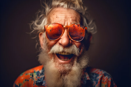Funny old man wearing sunglasses in studio and laughing - colorful. Created with generative AIの素材
