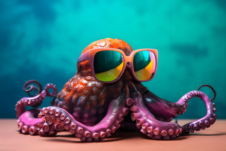 Funny octopus wearing sunglasses in studio with a colorful and bright background. Created with generative AIの素材