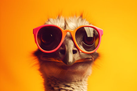Funny ostrich wearing sunglasses in studio with a colorful and bright background. Created with generative AIの素材