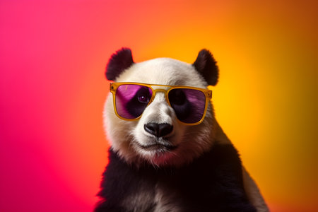 Funny panda wearing sunglasses in studio with a colorful and bright background. Created with generative AIの素材