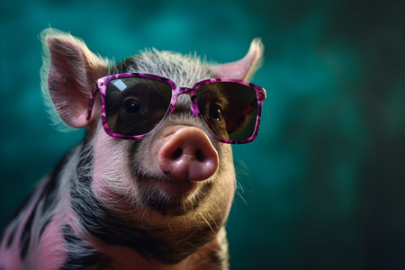Funny pig wearing sunglasses in studio with a colorful and bright background. Created with generative AIの素材