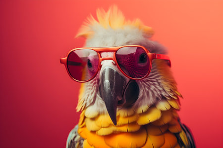 Funny colorful parrot wearing sunglasses in studio with a colorful and bright background. Created with generative AIの素材