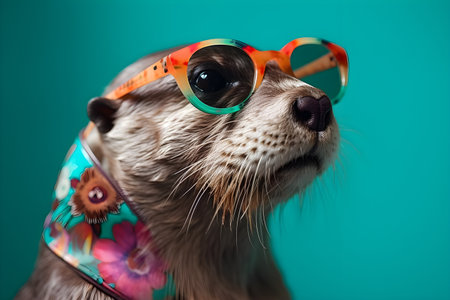 Funny otter wearing sunglasses in studio with a colorful and bright background. Created with generative AIの素材