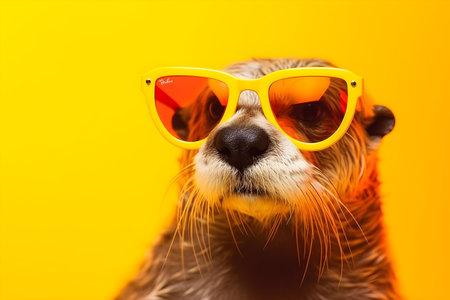 Funny otter wearing sunglasses in studio with a colorful and bright background. Created with generative AIの素材