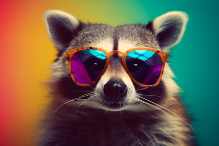 Funny raccoon wearing sunglasses in studio with a colorful and bright background. Created with generative AIの素材