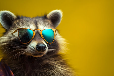 Funny raccoon wearing sunglasses in studio with a colorful and bright background. Created with generative AIの素材