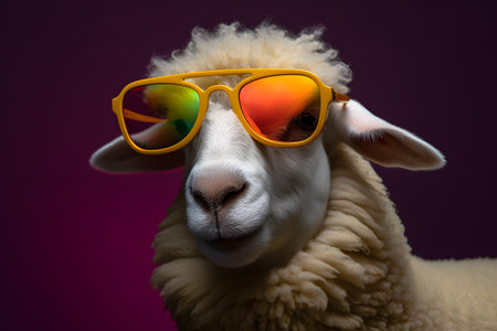 Funny sheep wearing sunglasses in studio with a colorful and bright background. Created with generative AIの素材